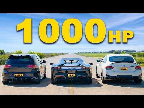 Duel spectaculos între Ferrari SF90, Volkswagen Golf 7 R și BMW M240i cu peste 3.000 CP în total!