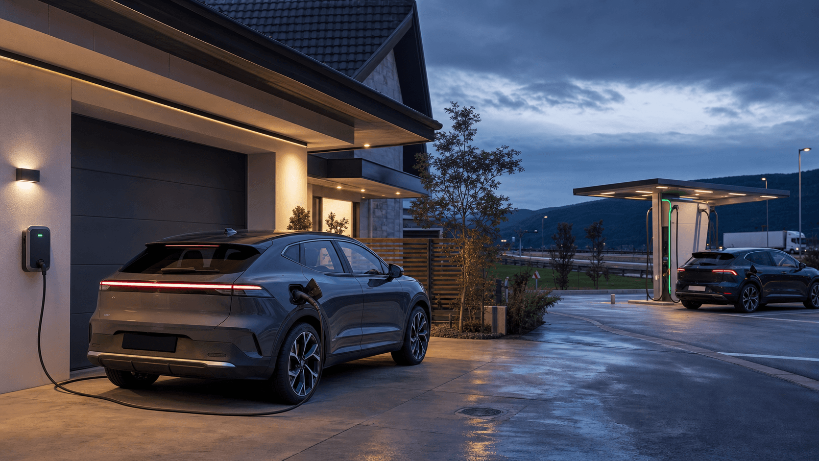 Mașină electrică încărcată acasă, cu o stație rapidă în fundal
