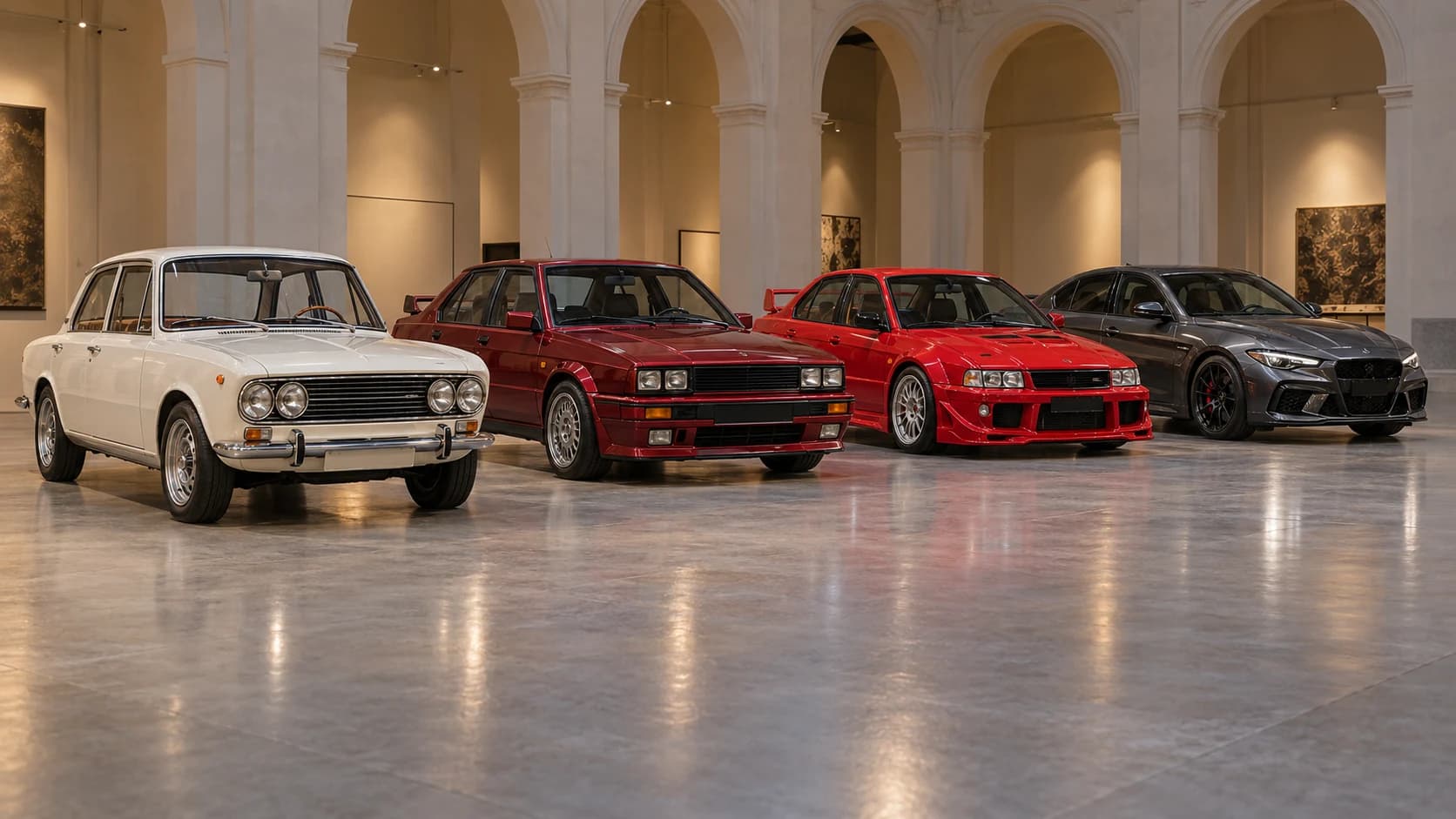 Alfa Romeo reunește la Bologna patru berline sportive, din 1963 până în 2024