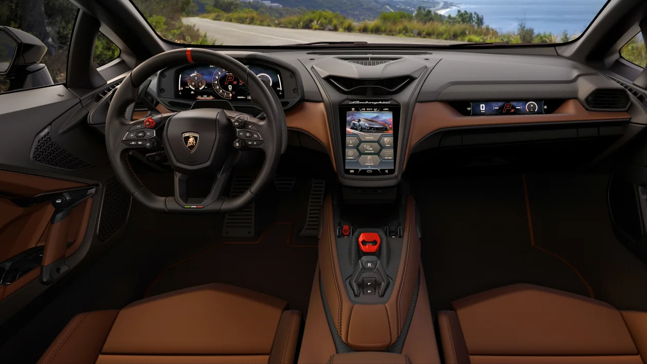 Interiorul Lamborghini Temerario, cu clapeta roșie a butonului de pornire pe consola centrală