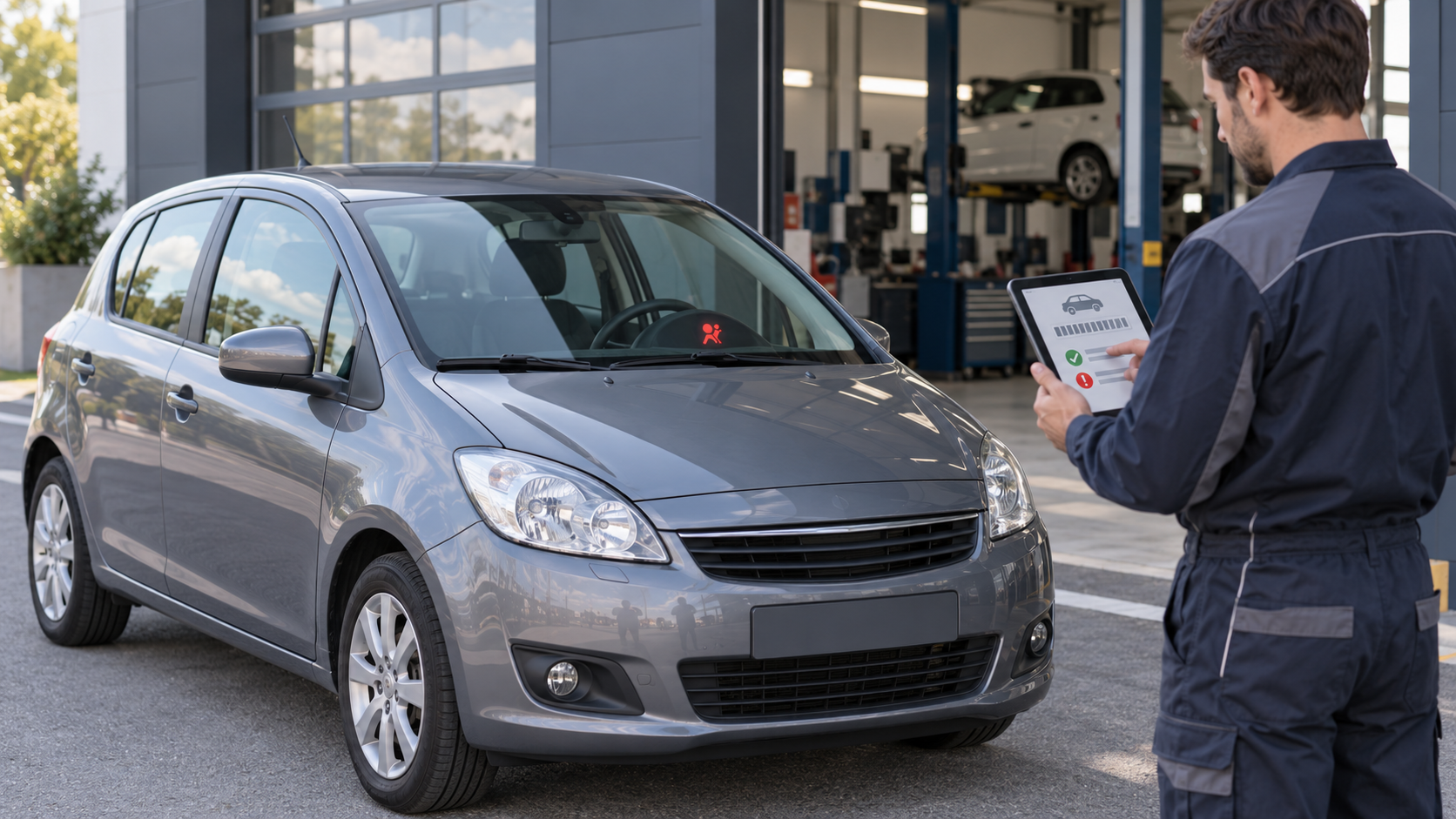 Mașină compactă nebranduită verificată la intrarea într-un service, lângă un mecanic cu tabletă