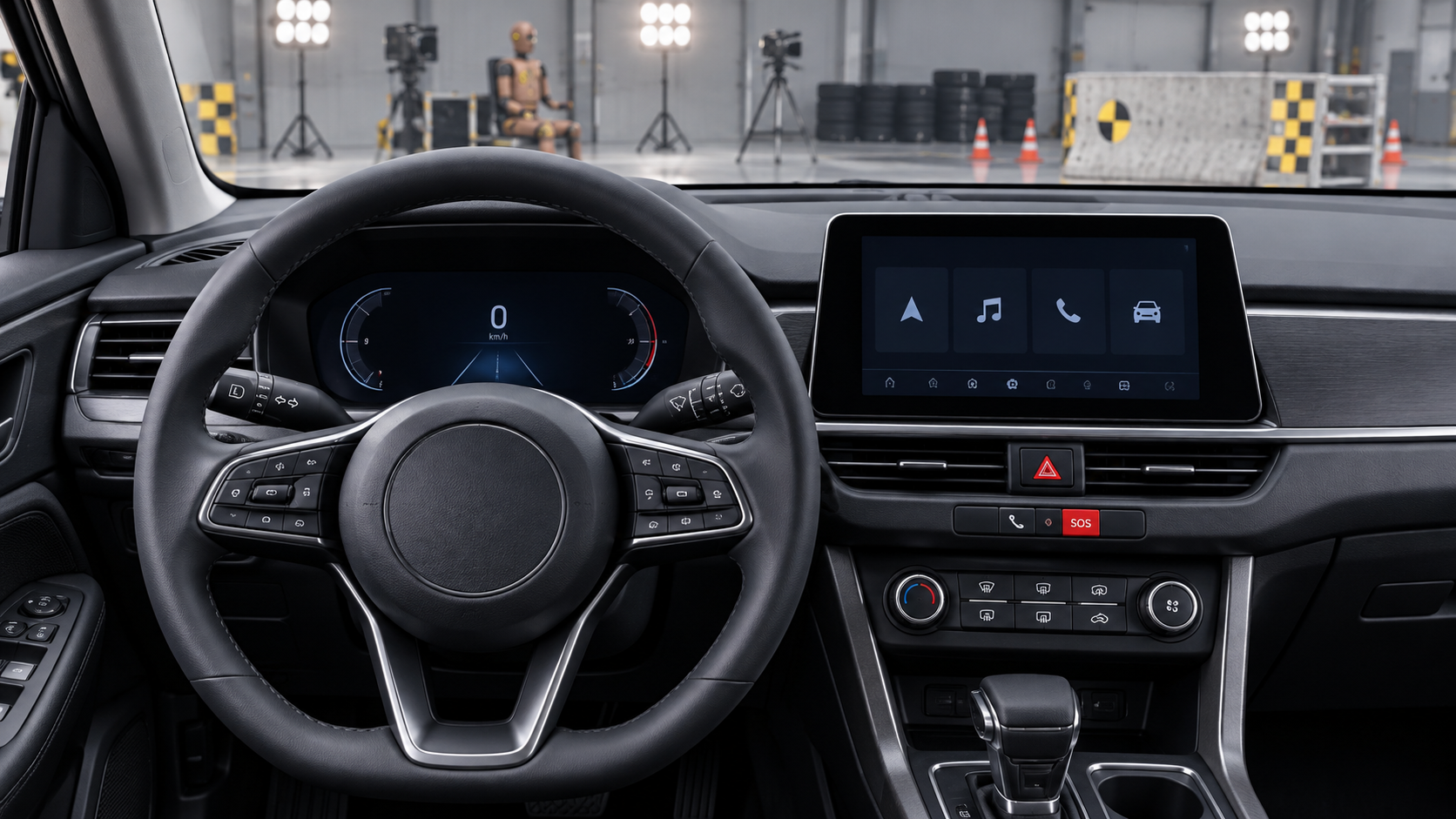 Ilustrație editorială cu interior auto, ecran central și comenzi fizice de siguranță