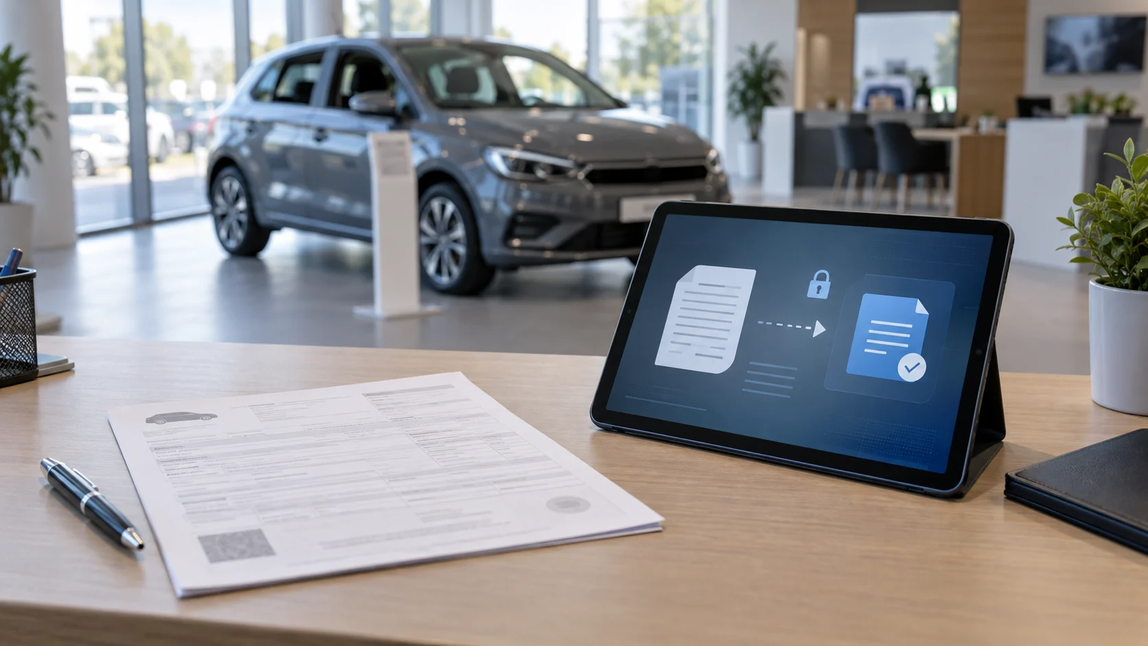Document auto pe hârtie și reprezentarea transferului electronic eCOC într-un showroom, imagine ilustrativă generată