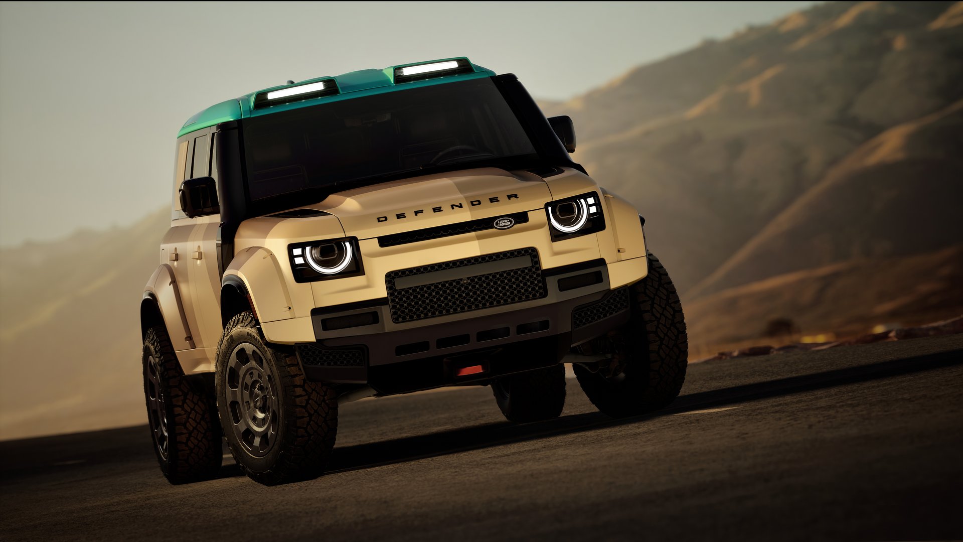 Defender Dakar, caroserie Dakar Sand și plafon Yanbu Turquoise