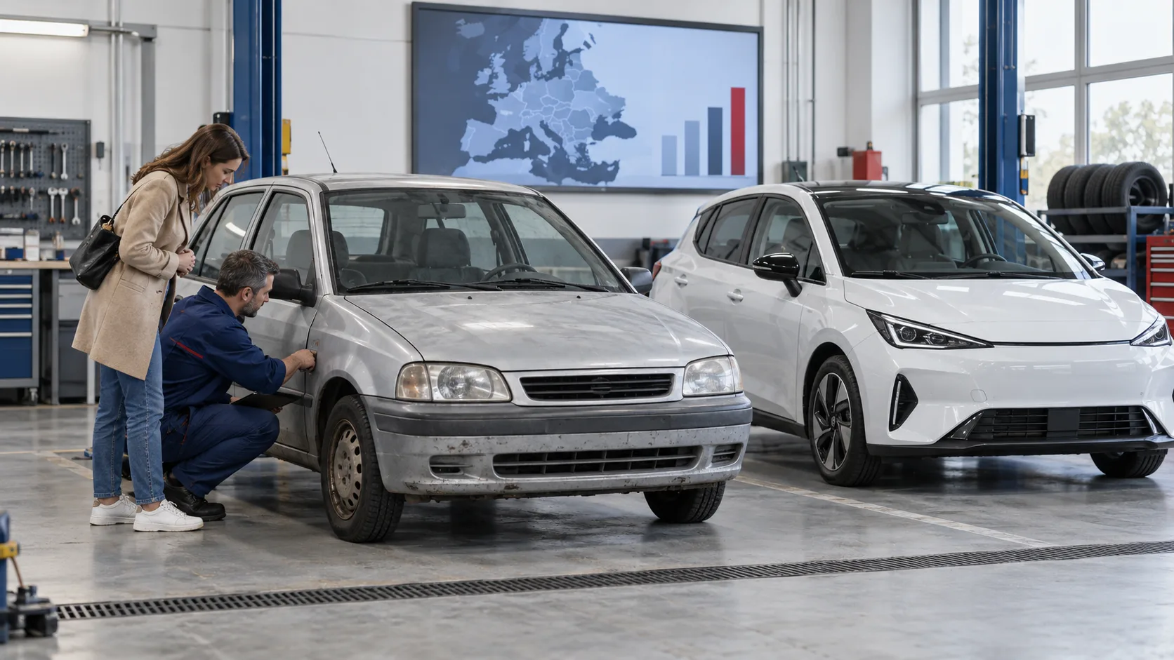 Mașină veche inspectată într-un service, lângă un automobil mai nou și un ecran cu date europene