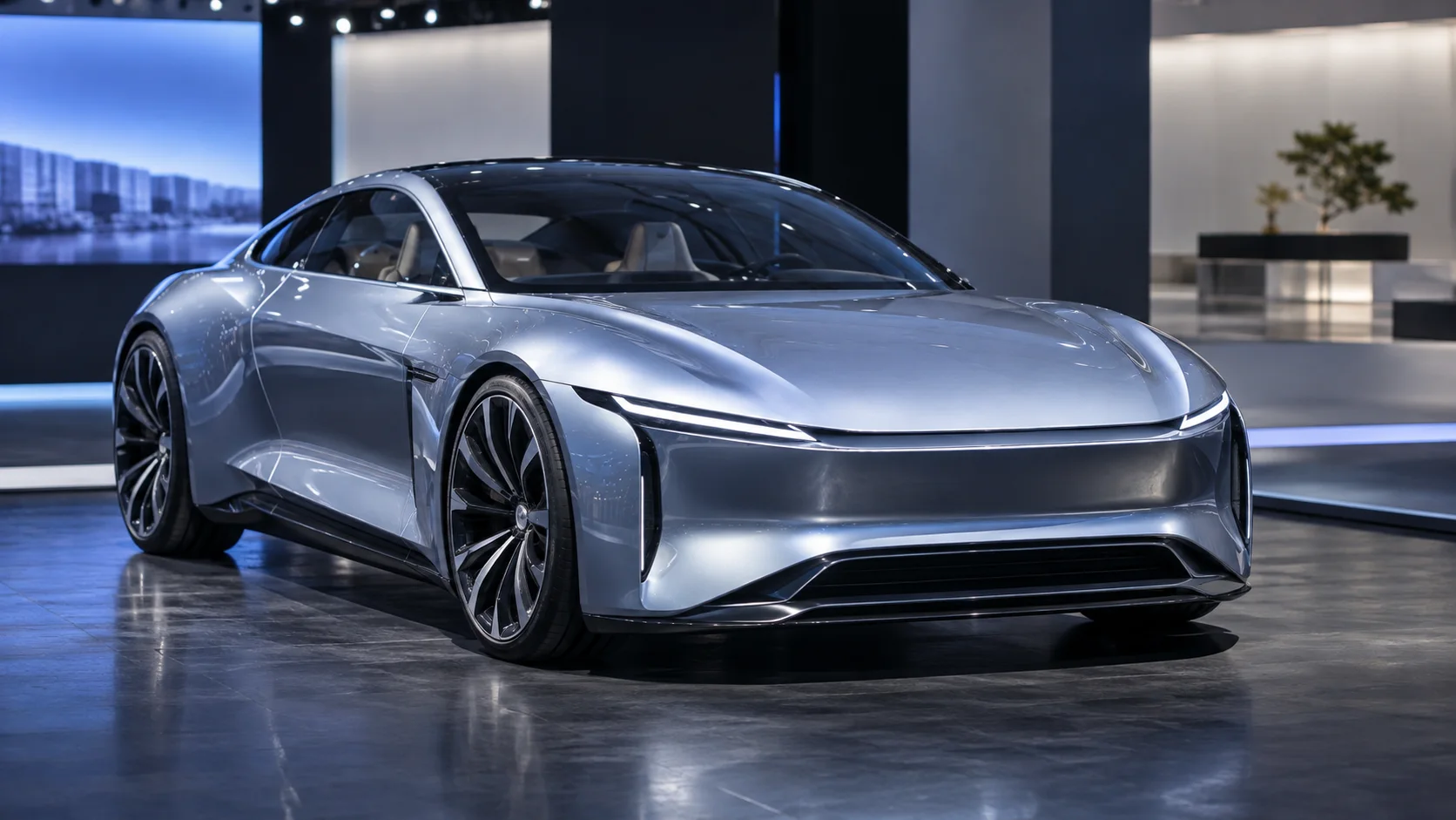 Ilustrație editorială cu un coupe electric fictiv, fără sigle, într-un pavilion auto
