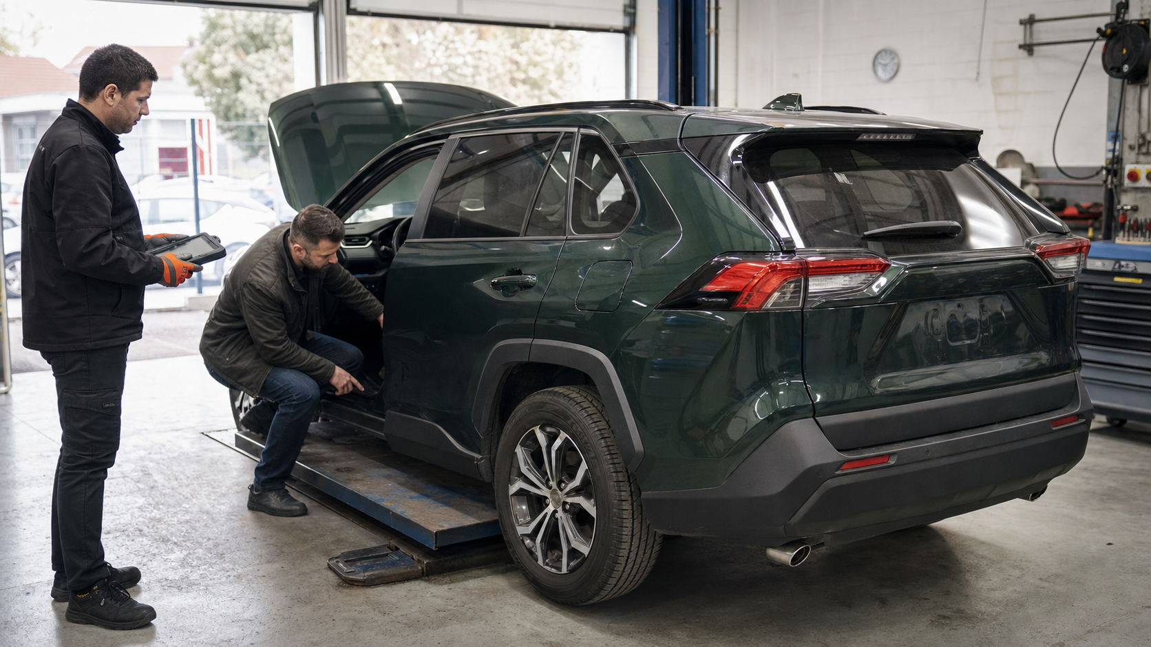 Toyota RAV4 Hybrid second-hand verificat într-un service înainte de cumpărare